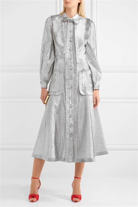 gucci lame silver pussy bow dress|Wool and lamé check jacquard dress .